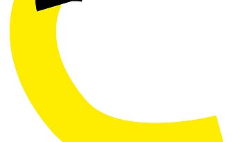 Semesteropening Wintersemester 25/26 Das Bild zeigt eine weiße Fläche mit einem großen, bogenförmigen Balken in kräftigem Gelb. Der Balken beginnt links unten, verläuft in einer geschwungenen Form nach rechts und endet am unteren rechten Bildrand. Am oberen linken Ende des gelben Bogens befindet sich ein schwarzes, keilförmiges Element, das wie ein Pfeil nach links oben zeigt